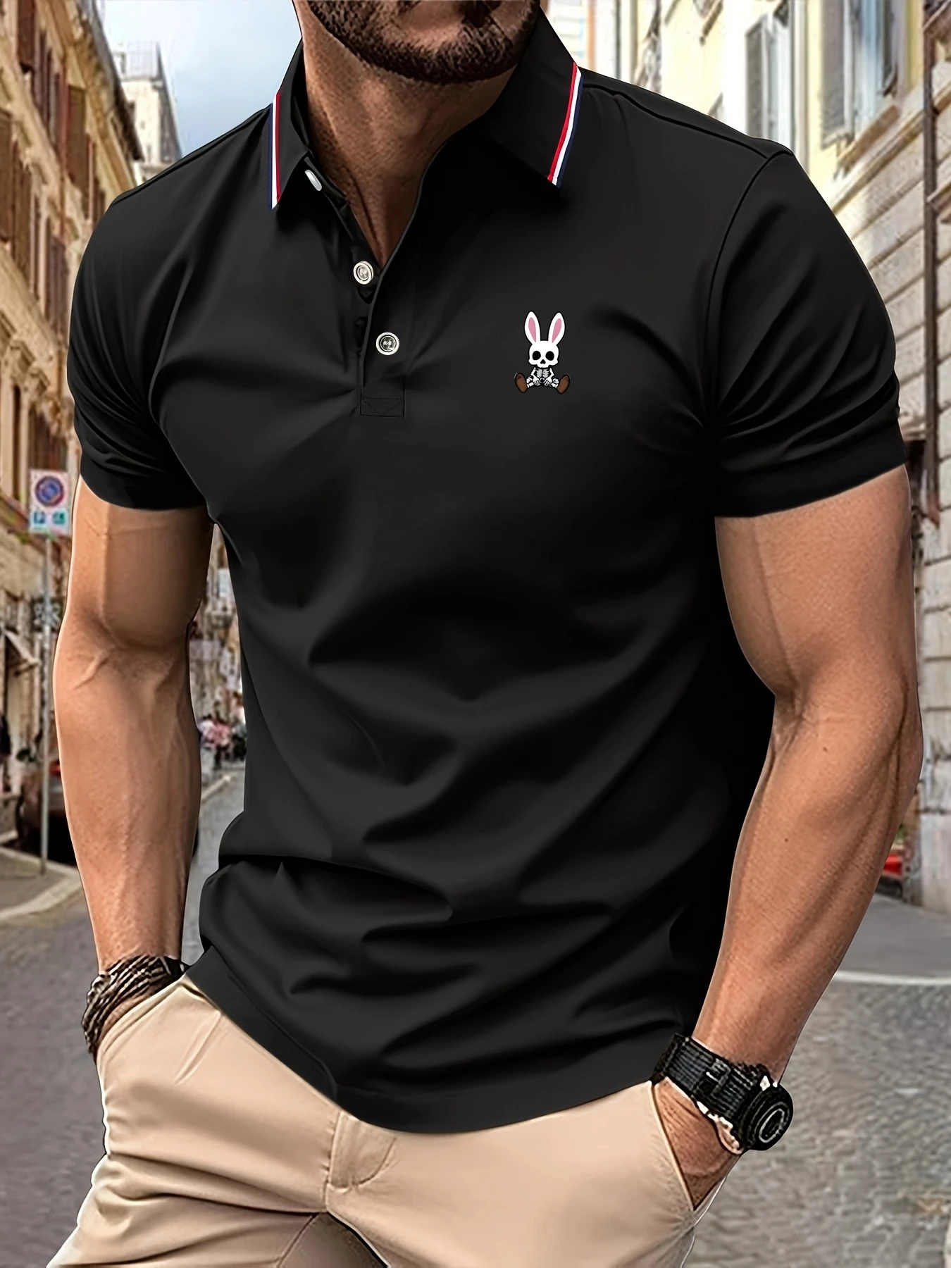 Color: black, Size: XL - Mens Polo Shirts Skulls Rabbit Print 2025 New Summer Lapel Stripes Men Short Sleeve Casual Breathable Light Luxury T-Shirt