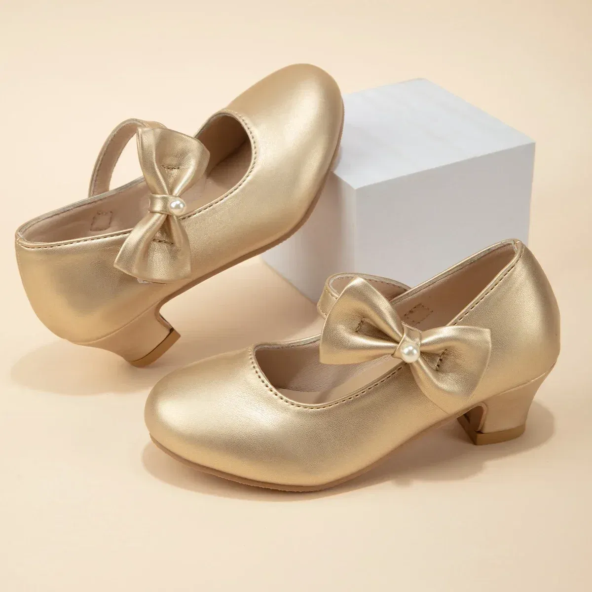 Shoe Size: 34, Color: Gold - Children's Bowknot Wedding Party Princess Shoes Big Kids White Gold Dance Dress Shoes Small Square Heel Children's Shoes