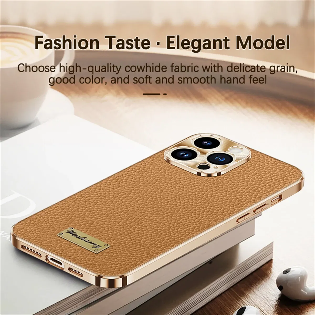 Color: Brown, Compatible-Phone Models: For iPhone 14 Pro - Luxury Genuine Leather Phone Case For iPhone 15 14 13 Pro Max Plating Soft Silicone Frame Shockproof Cover For iPhone 16 Pro Max