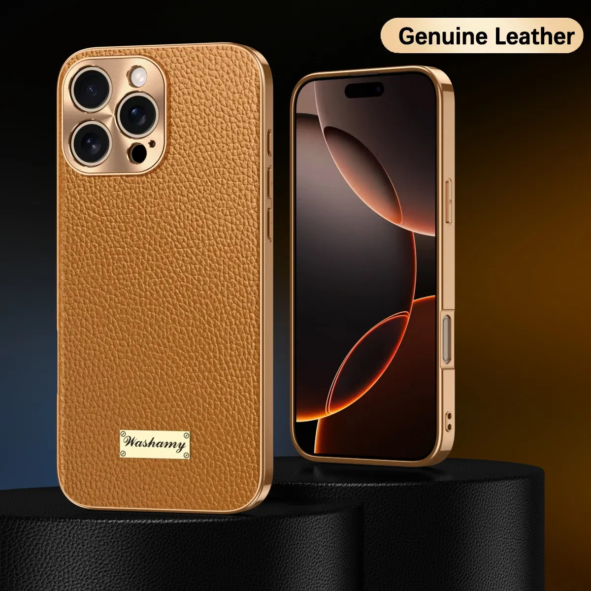 Color: Brown, Compatible-Phone Models: For iPhone 14 Pro - Luxury Genuine Leather Phone Case For iPhone 15 14 13 Pro Max Plating Soft Silicone Frame Shockproof Cover For iPhone 16 Pro Max