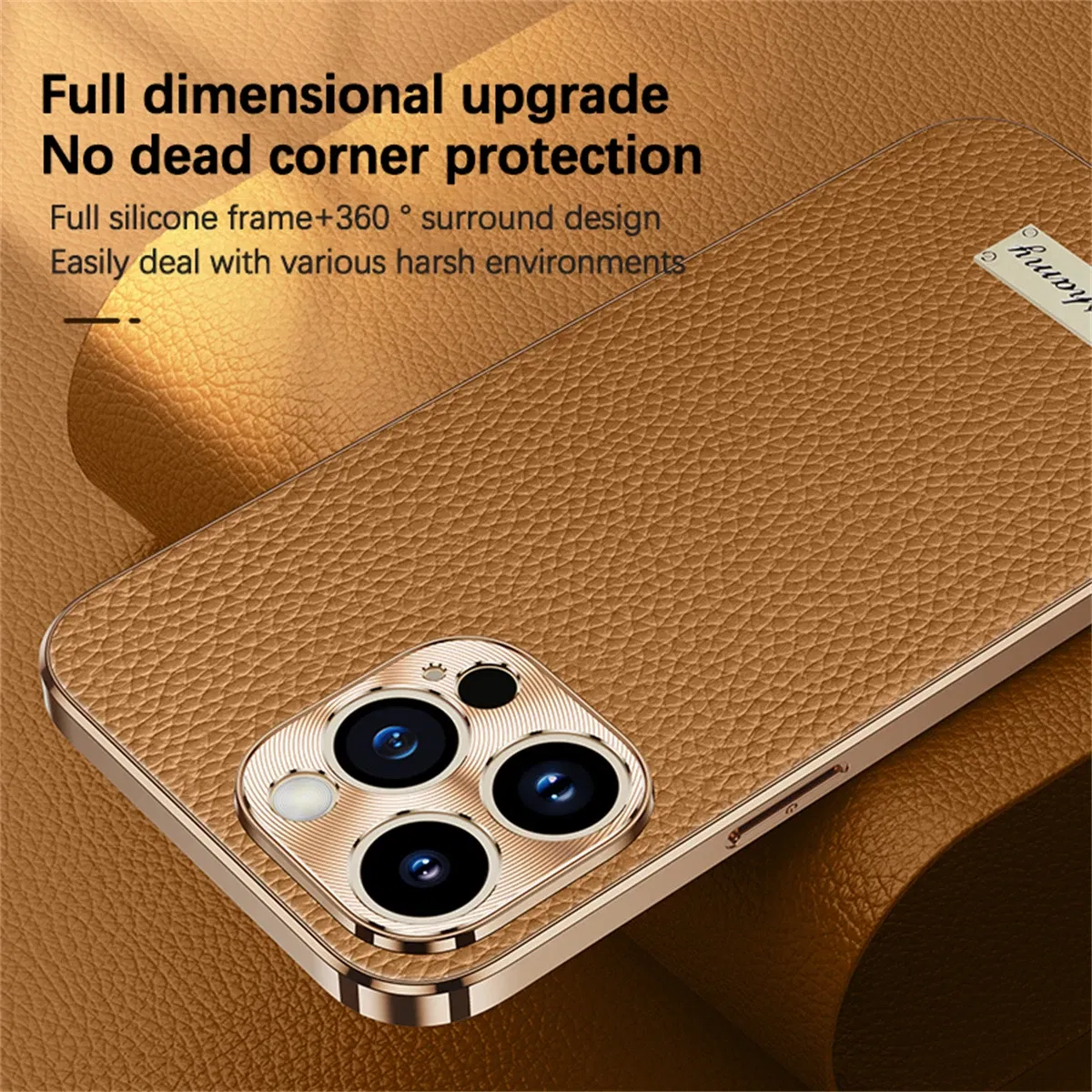 Color: Brown, Compatible-Phone Models: For iPhone 14 Pro - Luxury Genuine Leather Phone Case For iPhone 15 14 13 Pro Max Plating Soft Silicone Frame Shockproof Cover For iPhone 16 Pro Max