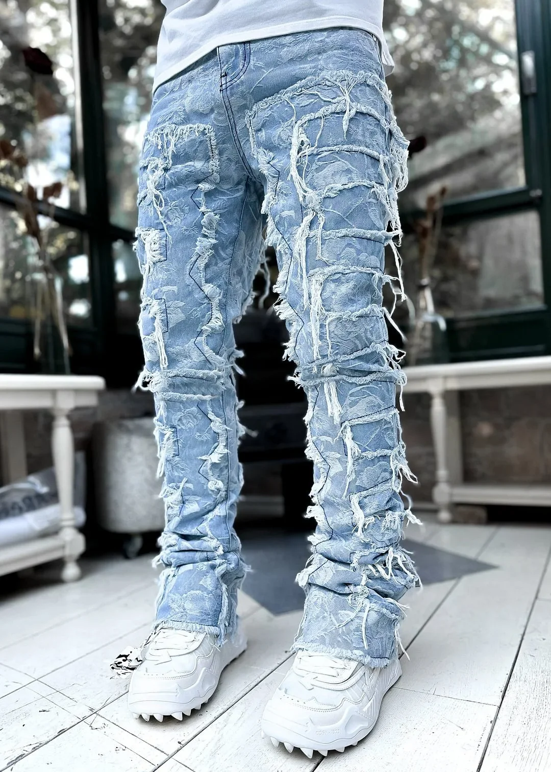Color: black, Size: S - Men's Regular Fit Stacked Jeans Ripped Slim Fit Patch Distressed Destroyed Straight Denim Pants Hip Hop Streetwear Trouser Cloth