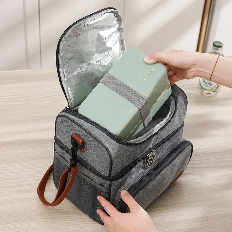Color: black - Double Layer Lunchbox Storage Thermal Bag Large Capacity Tote Shoulder Food Drink Insulation Bags Outdoor Picnic Bento Lunch Bag
