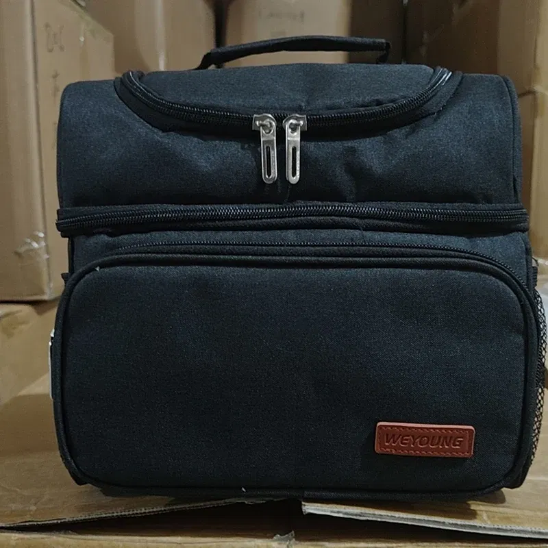 Color: black - Double Layer Lunchbox Storage Thermal Bag Large Capacity Tote Shoulder Food Drink Insulation Bags Outdoor Picnic Bento Lunch Bag