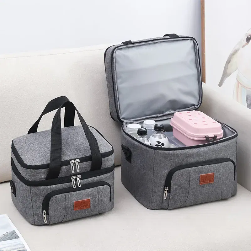 Color: black - Double Layer Lunchbox Storage Thermal Bag Large Capacity Tote Shoulder Food Drink Insulation Bags Outdoor Picnic Bento Lunch Bag