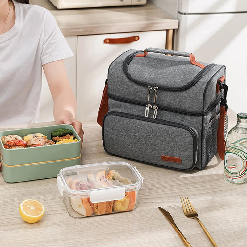 Color: black - Double Layer Lunchbox Storage Thermal Bag Large Capacity Tote Shoulder Food Drink Insulation Bags Outdoor Picnic Bento Lunch Bag