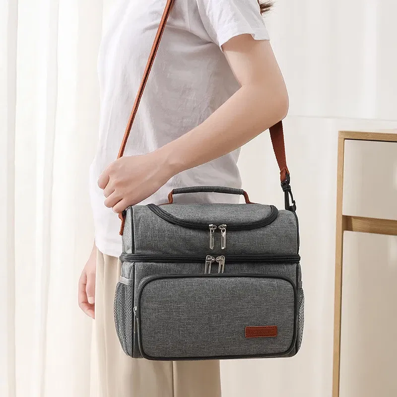 Color: black - Double Layer Lunchbox Storage Thermal Bag Large Capacity Tote Shoulder Food Drink Insulation Bags Outdoor Picnic Bento Lunch Bag