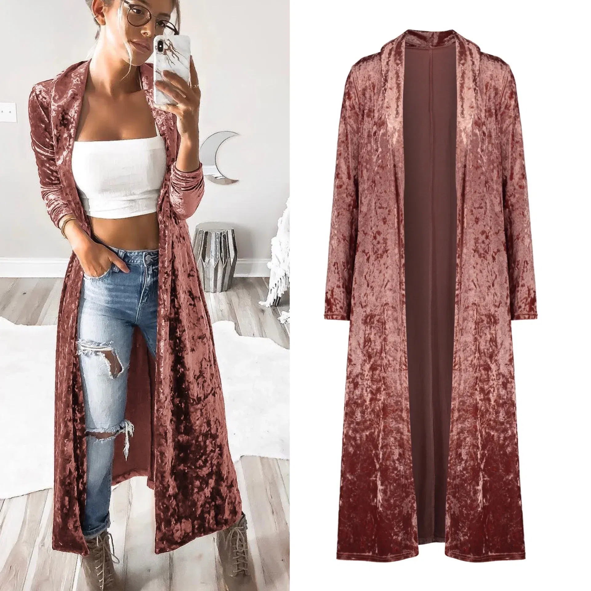 Color: Red, Size: XXL - 2024 Long Velvet Kimono Cardigan Windbreaker Women Jacket Pure Color Fashion Long Sleeve Casual Ladies Long Jacket Trench Coat