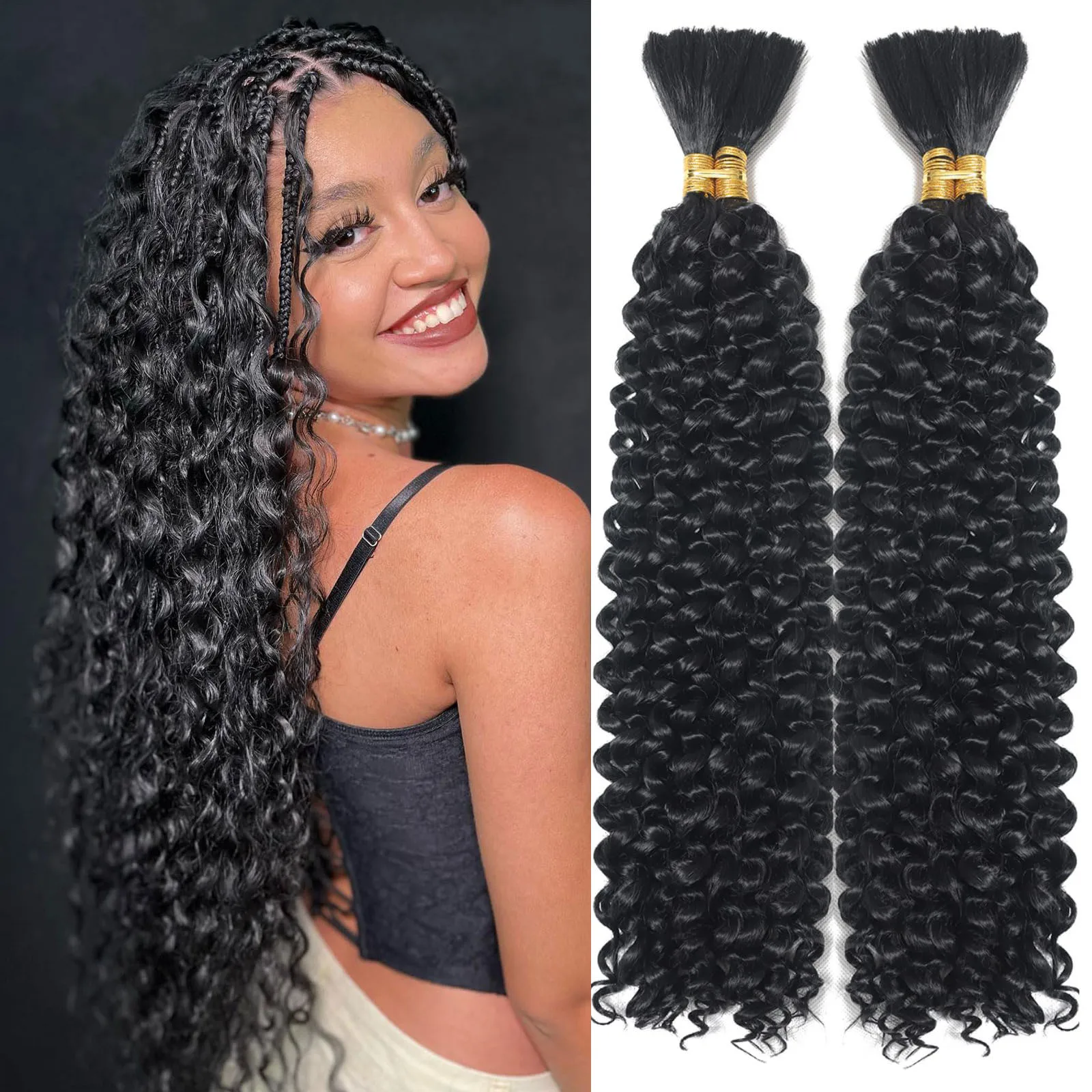 Color: Natural Color, Material Grade: virgin hair, Stretched Length: 26inches, Bulk Buy: 6pcs/lot - Bulk hair braiding Water Wave Bulk 18 inch human hair Boho braids with for knotless box or curly loose wave