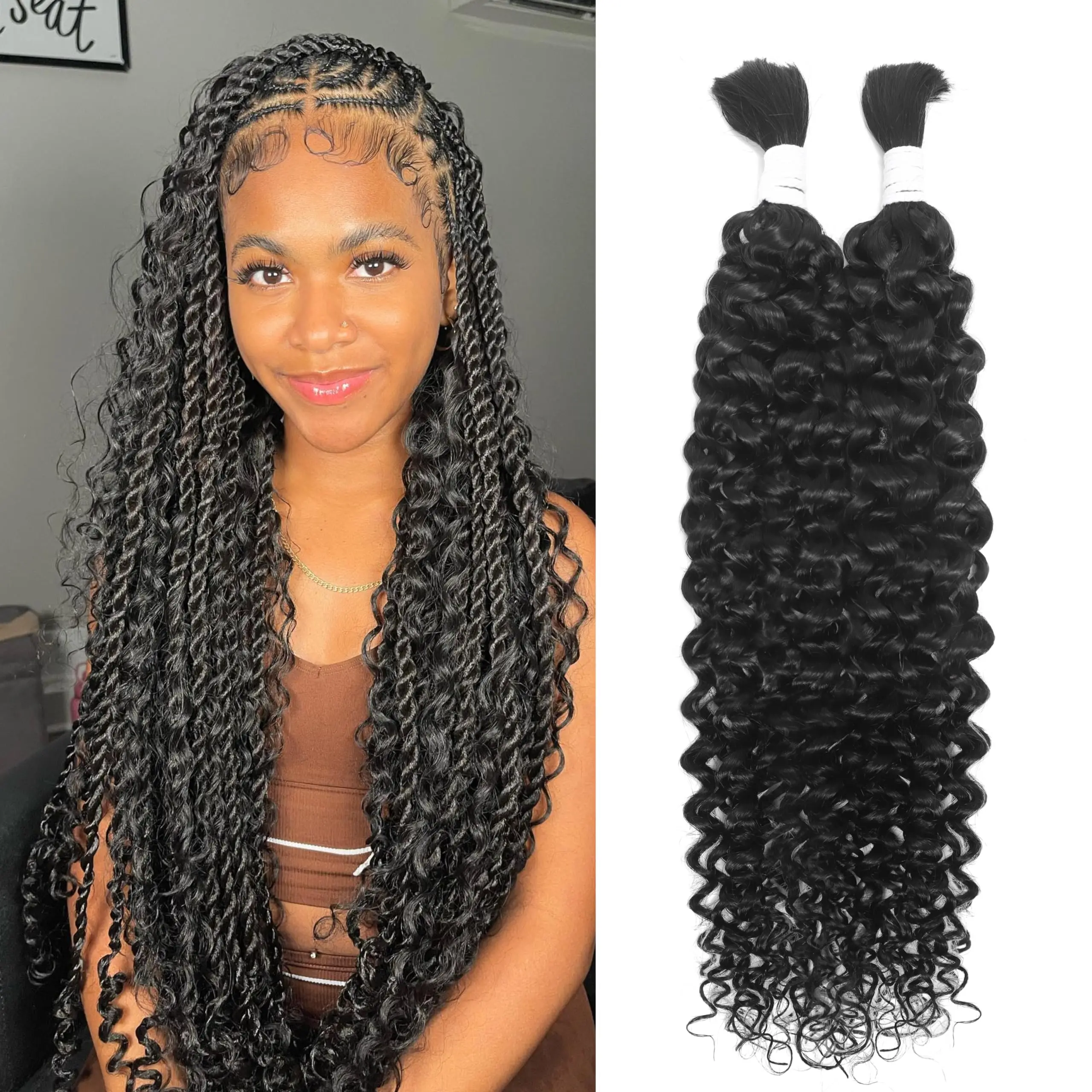 Color: Natural Color, Material Grade: virgin hair, Stretched Length: 26inches, Bulk Buy: 6pcs/lot - Bulk hair braiding Water Wave Bulk 18 inch human hair Boho braids with for knotless box or curly loose wave