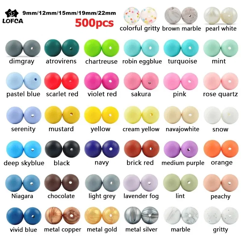 Color: Black - 500pcs Silicone Beads Food Grade Round 9mm 12mm 15mm 19mm 22mm Baby Teething Toys DIY Baby Pendant Necklace Silicone Teeth