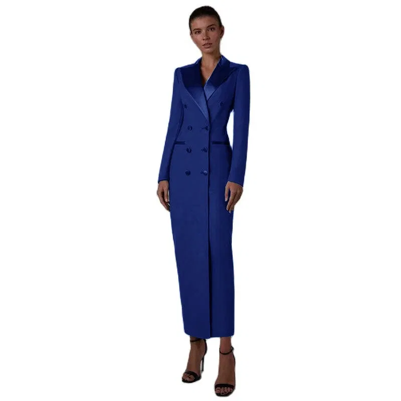 Color: ROYAL BLUE, Size: L - Women's Suit Long Jacket One Piece Blazer Double Breasted Formal Tuxedo Party Dress кос?‚юм ?¶?µнский