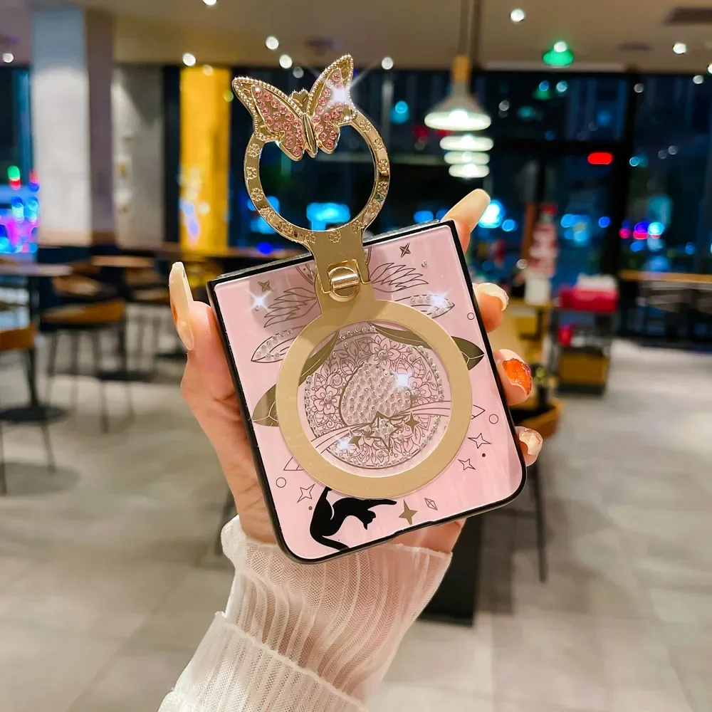 Material: Aluminum, Color: Pink - For Samsung Galaxy Z Flip 5 4 3 5G MagSafe Magnetic Phone Case Stand Holder Glitter Bling Diamond 3D Ring Cover For Z Flip5 4 5G