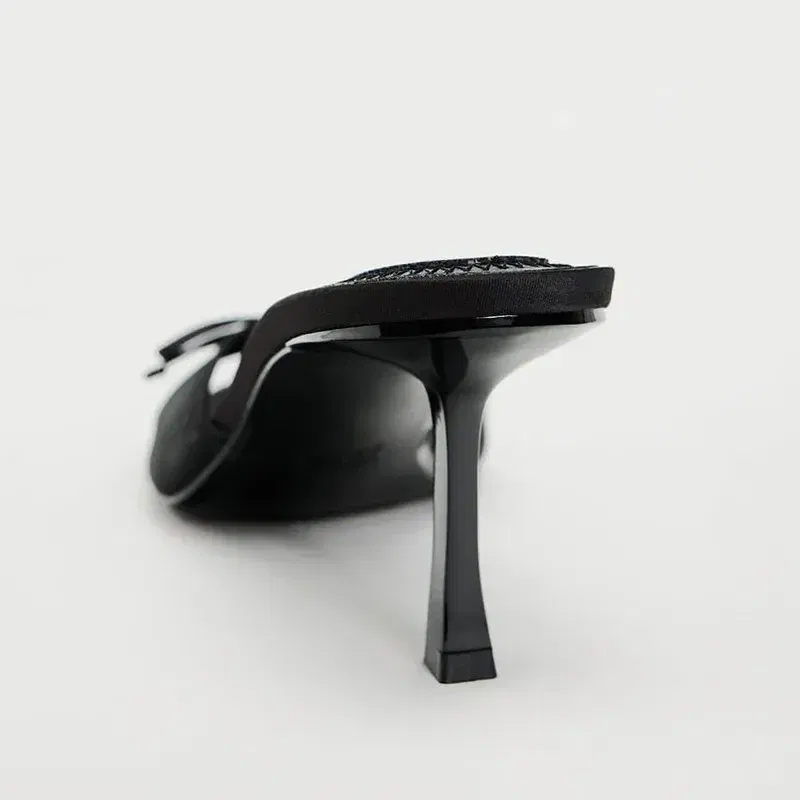 Color: black, Shoe Size: 42 - Slippers for women wearing exquisite summer haute couture with fine straps, French style black cat heel clip toe beach sandals