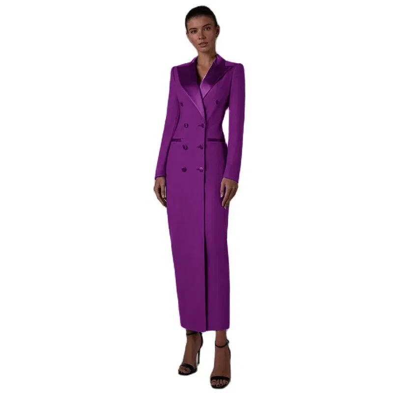 Color: PURPLE, Size: M - Women's Suit Long Jacket One Piece Blazer Double Breasted Formal Tuxedo Party Dress кос?‚юм ?¶?µнский