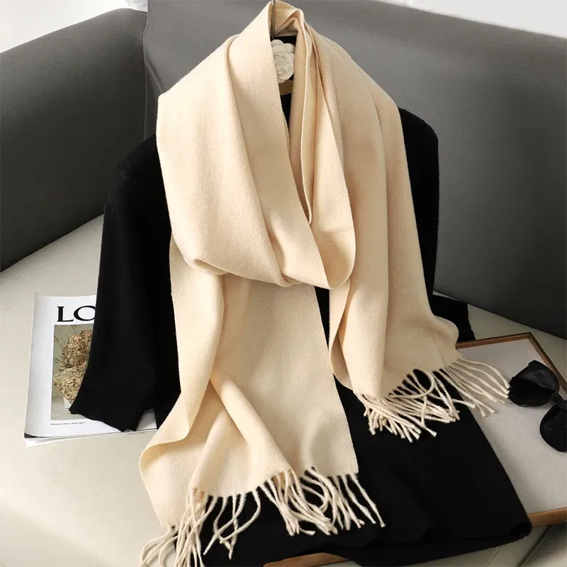 Color: Champagne - New 62 Color Winter Scarf For Women Long Warm Cashmere Scarves Hijab Solid Lady Shawl Wrap Female Pashmina Bandana Head Scarfs