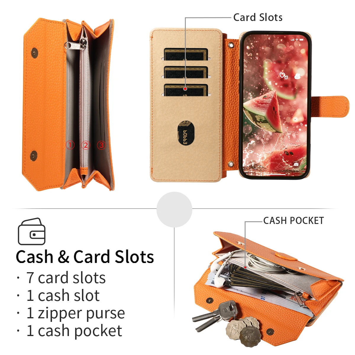 Color: Orange, Bundle: Case & Strap, Material: Artificial Leather, Compatibility by Model: Galaxy S23+ - Crossbody Leather Phone Case for Samsung Galaxy S25Edge S25Ultra S24FE S24Ultra S23Ultra Multi-Card Slot Anti-Drop Wallet Case