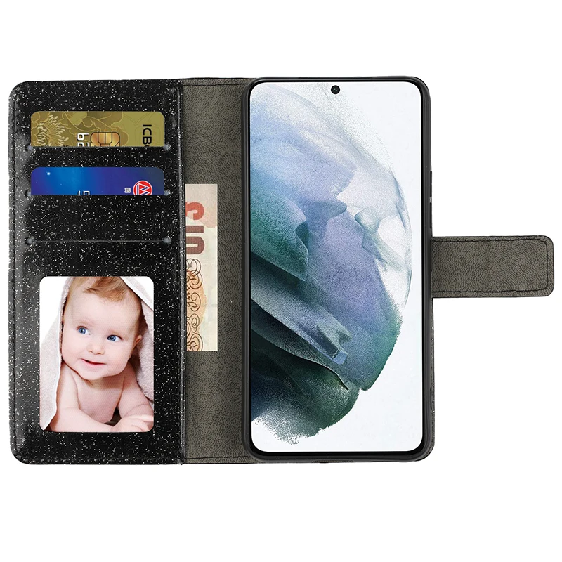 Color: black, Material: aluminum - Glitter Diamond Wallet Leather Case For Samsung Galaxy A14 A15 A16 A35 A55 A34 A54 S25 Ultra S24 FE S23 S22 S21 S20 Plus