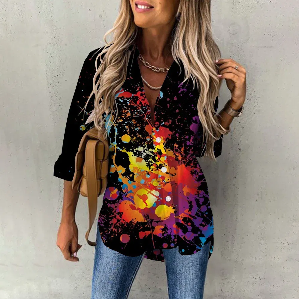 Color: Brown, Size: XXL - Ladies Long Sleeved Shirt Vacation Style Coconut Tree 3D Digital Printed Button Up Collar Loose Casual Ladies Blouse 2024 Autumn