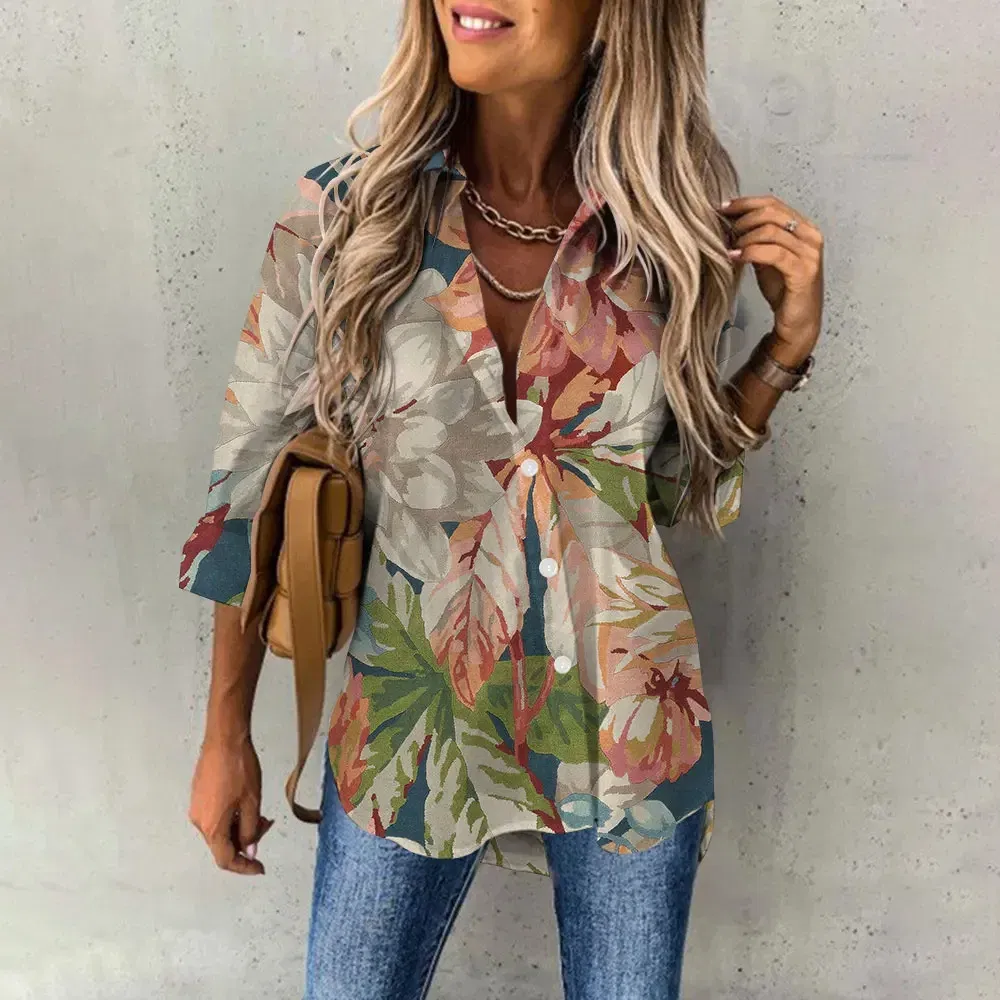 Color: Brown, Size: XXL - Ladies Long Sleeved Shirt Vacation Style Coconut Tree 3D Digital Printed Button Up Collar Loose Casual Ladies Blouse 2024 Autumn