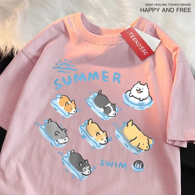 Color: black, Size: XXXL - Fun Cat And Dog Swimming Japanese Style T-Shirt Female Casual Loose T-Shirts Summer Cotton Tops Fashion Breathable Tee Clothing