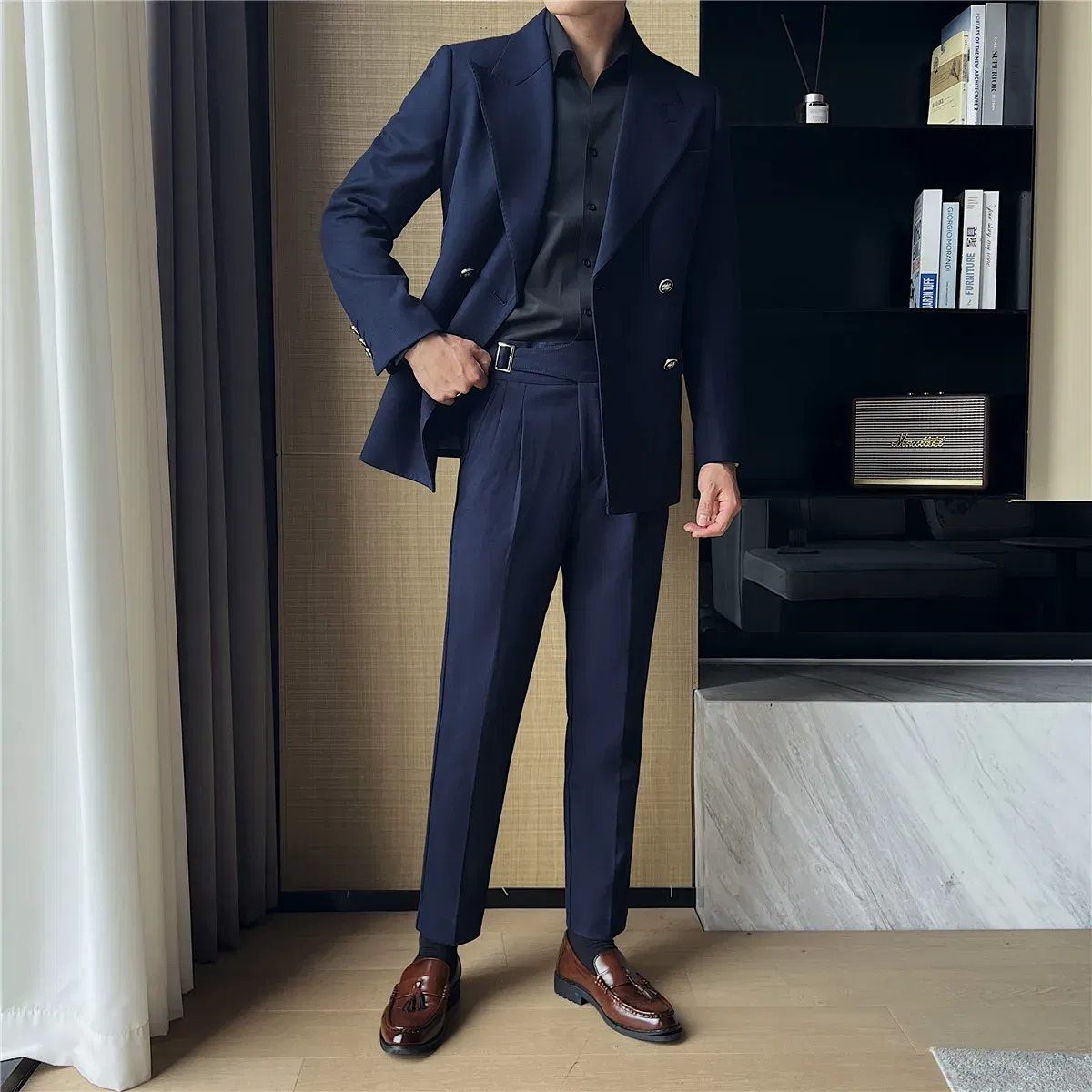 Color: Blue, Size: XL - 2Pieces Jackets+Pants Design High Quality Men's Set Elegant Fashion Double Breasted Thick Wedding Dress Blazers And Trousers Set