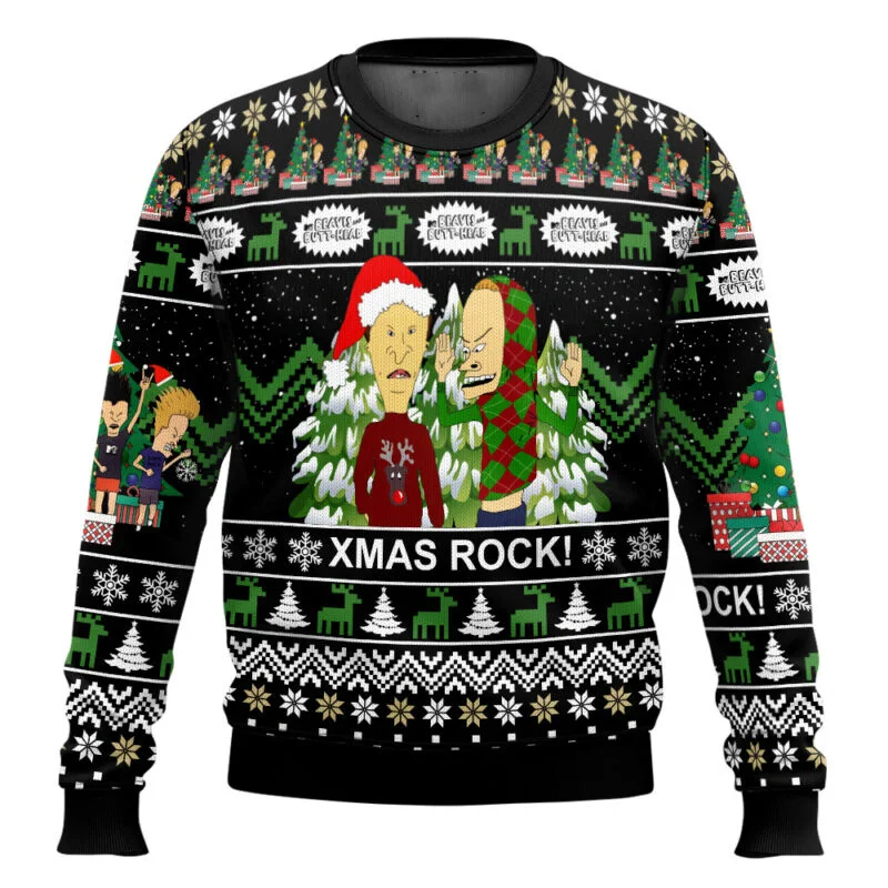 Color: black, Size: M - Xmas Rock Beavis and Butthead Ugly Christmas Sweater Cartoon Anime Women Men Pullover Tops New Fashion Couple Hoodie Sweatshirt