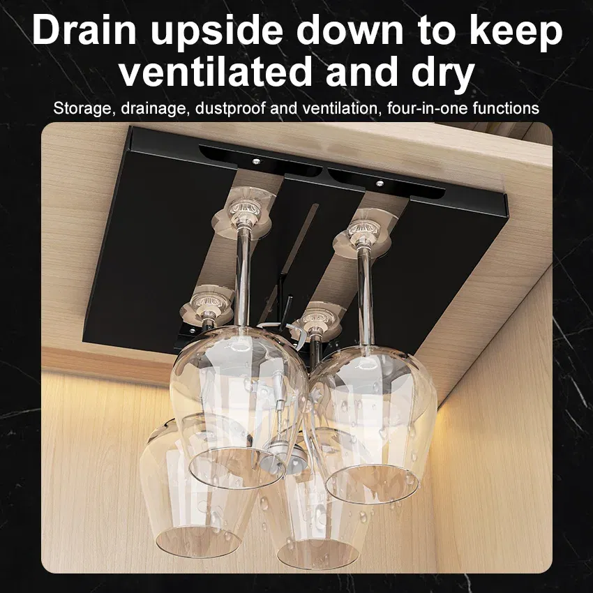 Color: Dark Khaki - Stainless Steel Under Cabinet Wine Glass Cup Holder Space-Saving Bar Counter Shelf Storage Rack Hanging Hooks Goblet Pokal Stand