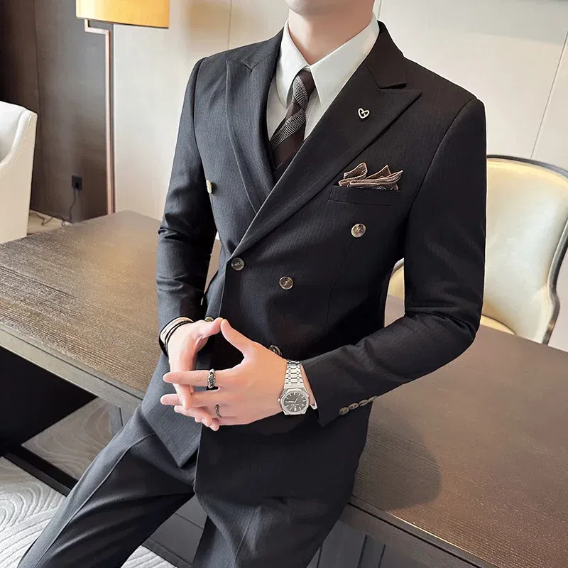 Color: Beige, Size: XL - 2025 Men's Double Breasted 3/2 Piece Business Casual Wedding Dress Suit with  Trousers Regular Fit Bridegroom High Sense