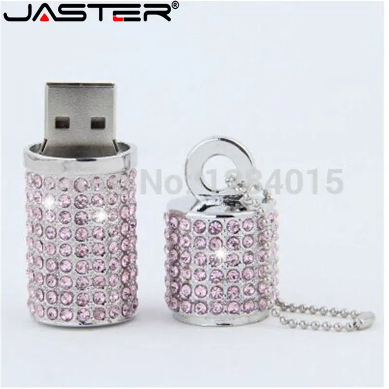 Color: Pink, Capacity: 64GB - JASTER Crystal cylindrical USB Flash Drive  fashion metal diamond pen driveu disk pendrive 4GB 8GB 16GB 32GB 64GB memory stick