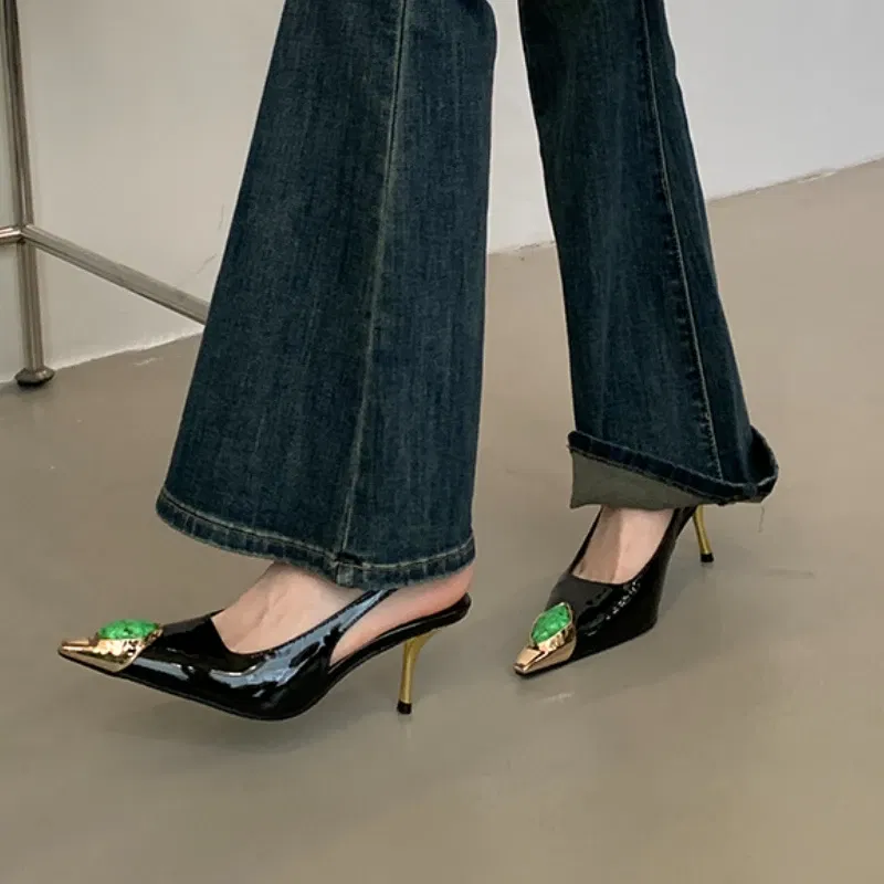Color: black, Shoe Size: 34 - Sexy Women's High Heels Mules 2025 New Fashion Pointed Dress Women's Shoes Open Heel Party High Heels Striptease Sandals Women