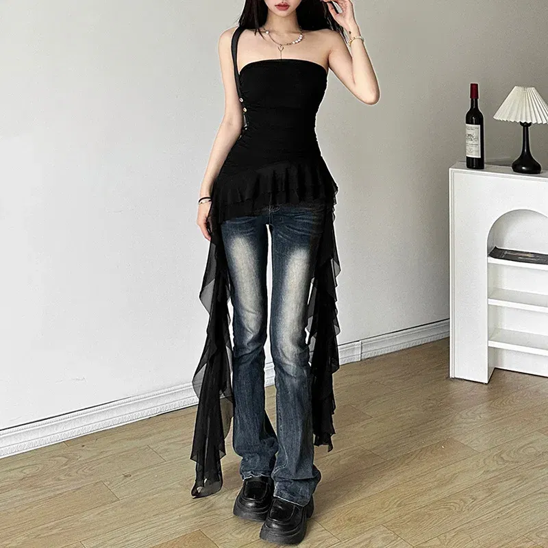 Color: WHITE, Size: S - Nibber 2024 Spring New Solid Color Sweet Gentle Cute All-match High Street Travel Sexy Cool Women Chest Wrap ruched Tassel Vest