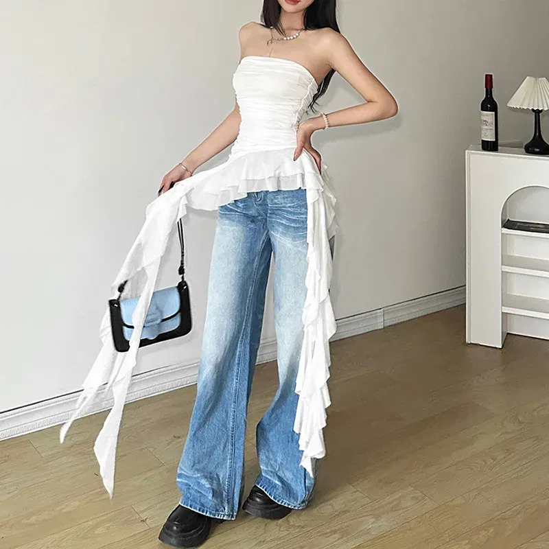 Color: WHITE, Size: S - Nibber 2024 Spring New Solid Color Sweet Gentle Cute All-match High Street Travel Sexy Cool Women Chest Wrap ruched Tassel Vest