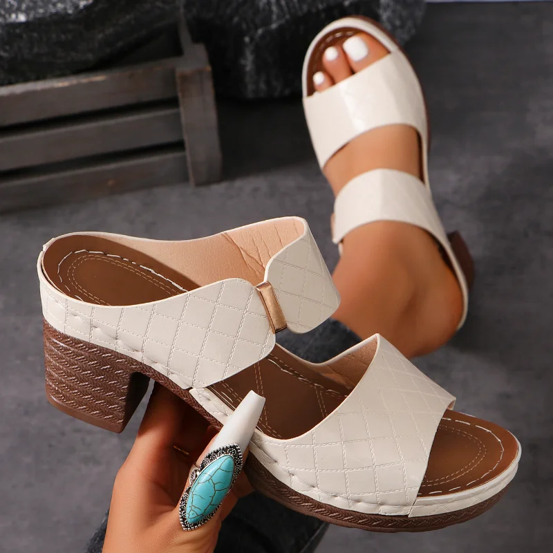 Color: GRAY, Shoe Size: 39 - Women Summer Lightweight Hollow Sandals High Heels New Dress Chunky Open Toe Slippers Female 2024 Casual Slingback Slides Shoes