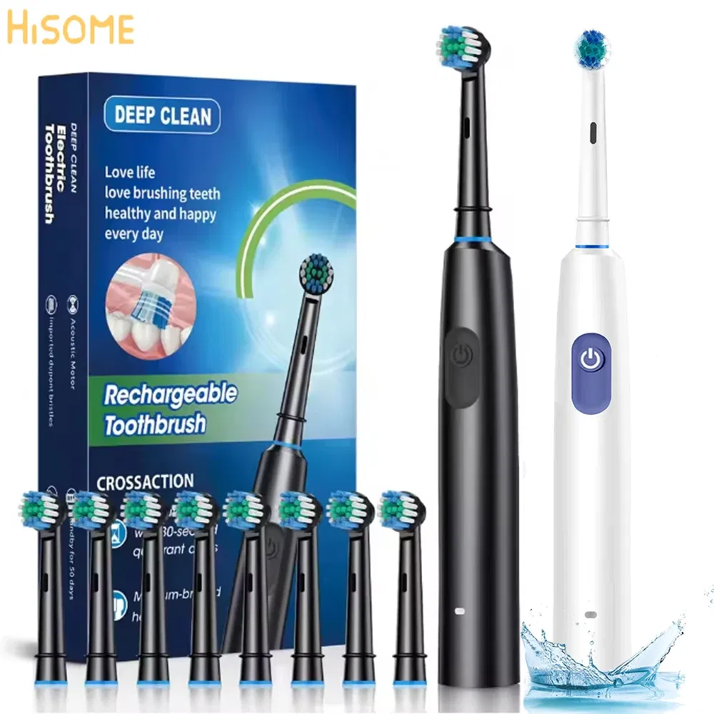 Color: WHITE - Electric Rotating Toothbrush 5 Modes Cleaning Teeth Brush Waterproof Rotary Electric Toothbrush With Timer with 8 Soft BrushHead