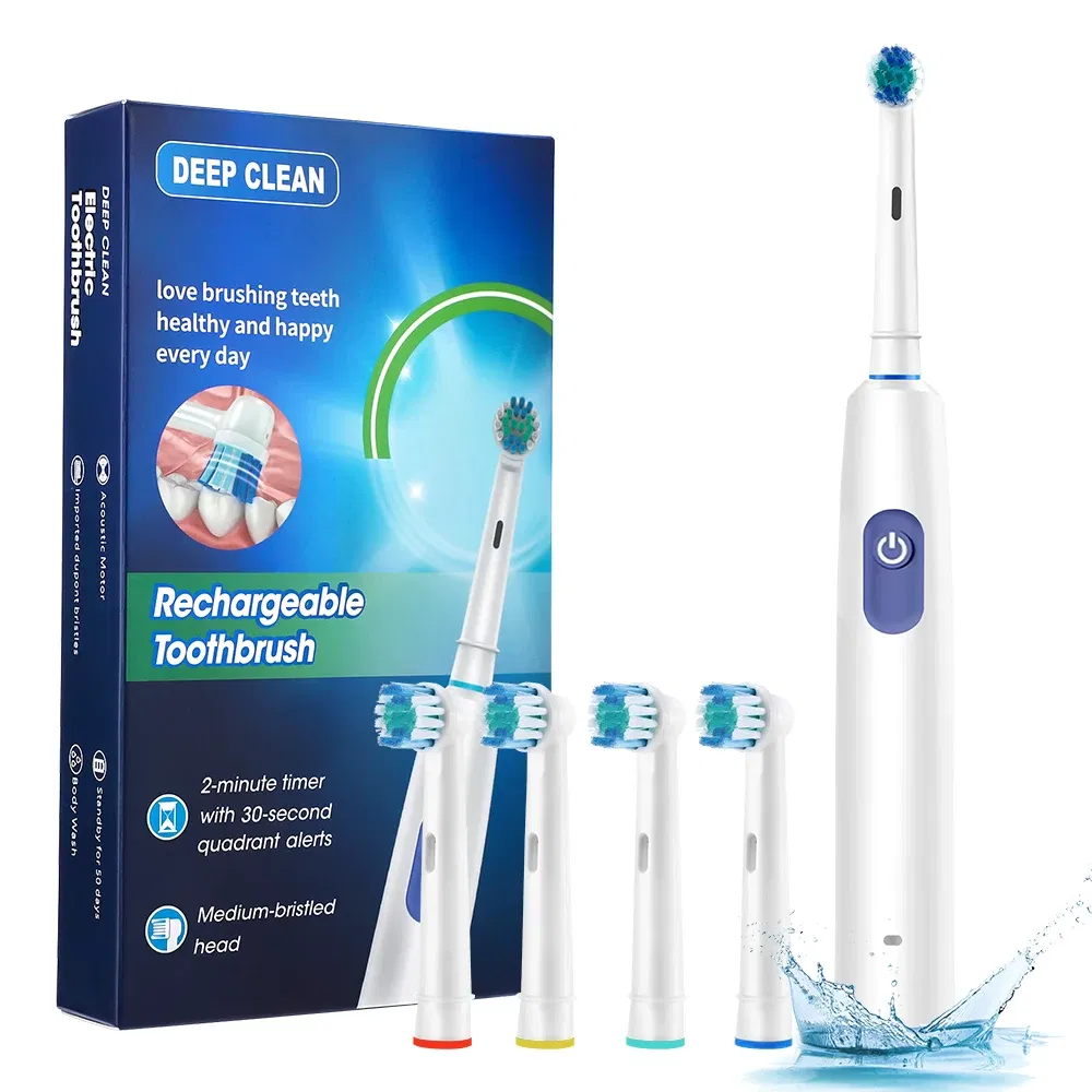 Color: WHITE - Electric Rotating Toothbrush 5 Modes Cleaning Teeth Brush Waterproof Rotary Electric Toothbrush With Timer with 8 Soft BrushHead