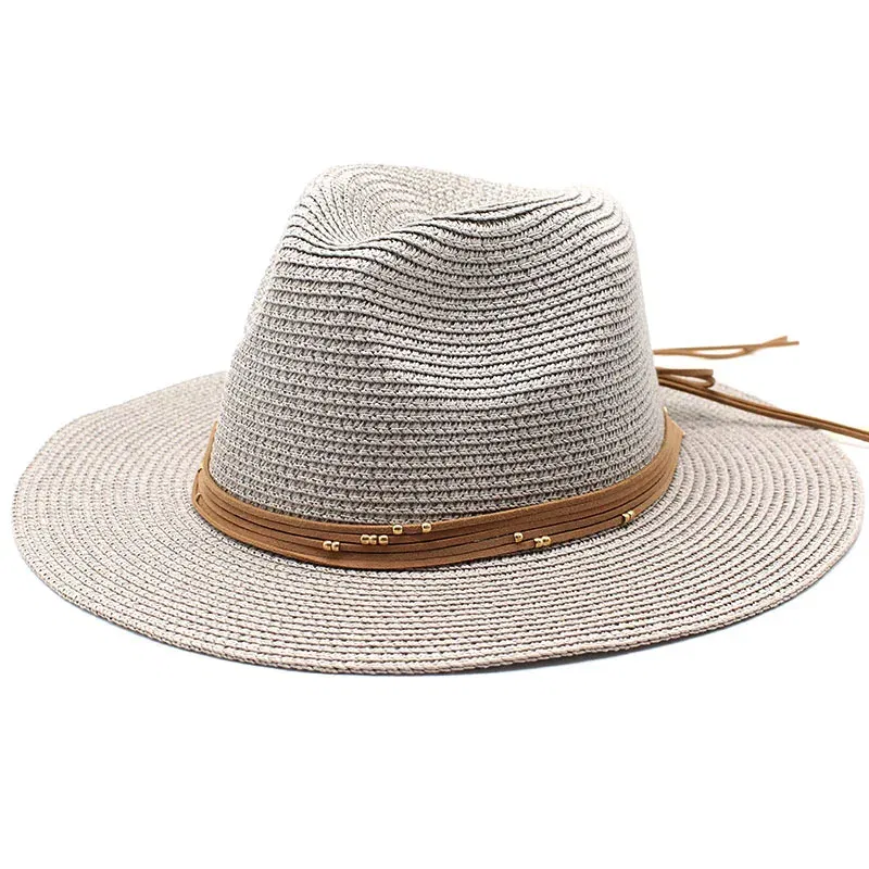 Color: GRAY, Size: M - Big Size 60CM New Straw Hat 7cm Brim Summer Cooling Beach Sun Hat Outdoor Party Panama Jazz Hat Sombreros De Mujer