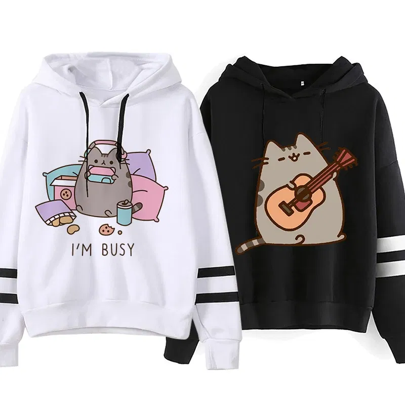 Color: DEEP BLUE, Size: M - Women Ullzang Cute Cat Funny Cartoon Sweatshirt Pusheen Cat Kawaii Harajuku Korean Style Hoodies Graphic Fashion Hoody Female