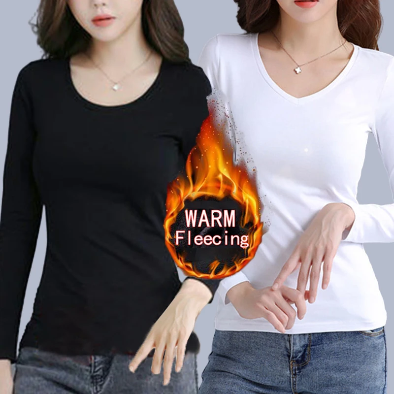 Color: green, Size: L - O Neck Long Sleeve Fleeceing Heating Fiber Thermal Basic T-Shirts Women Winter Bottoming Cropped Tops Casual Skinny All-match