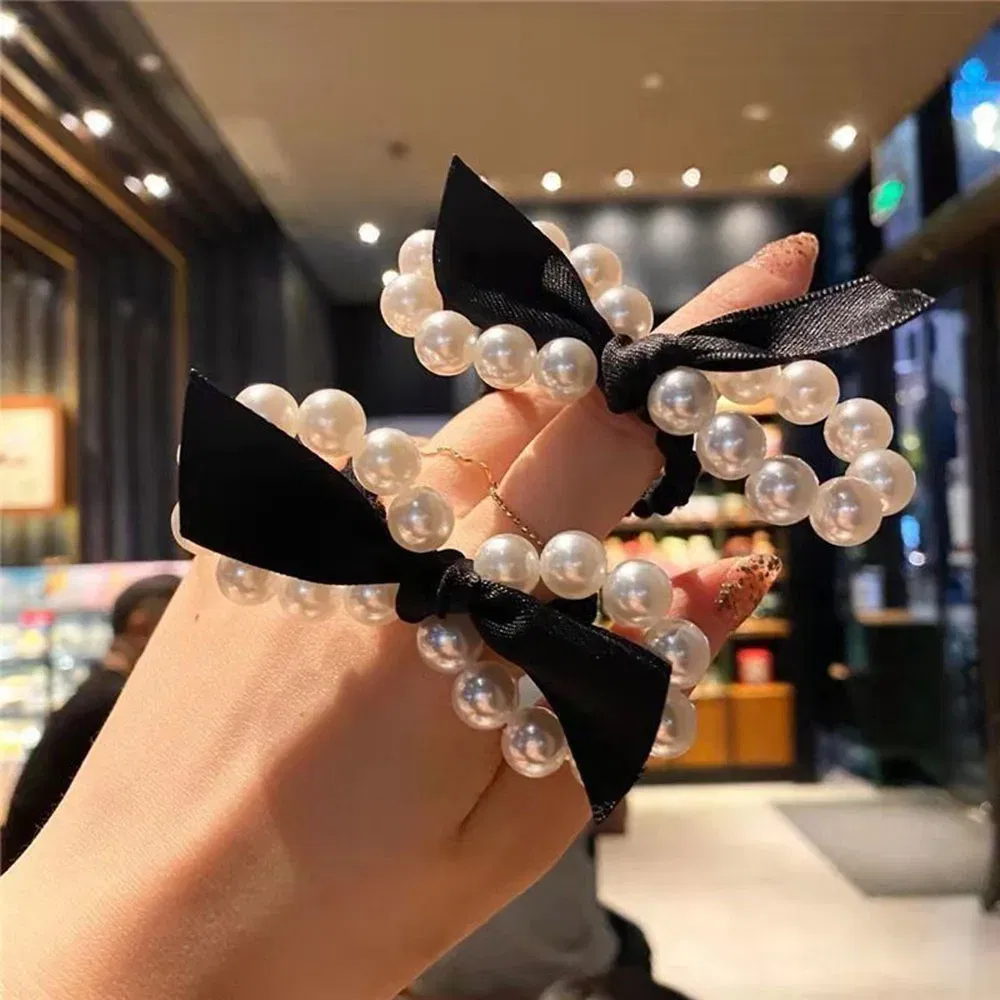 Color: Dark Khaki - 2022 Fashion Woman Big Pearl Hair Ties Korean Style Hairband Scrunchies Girls Ponytail Holders Rubber Band Hair Accessories
