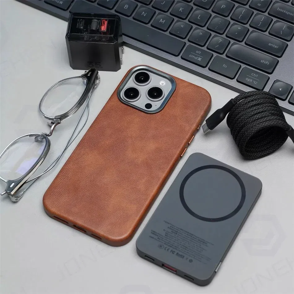 Color: Beige, Material: Denim - High-end Retro Oil Wax Pattern Magnetic For Magsafe Leather Case For iPhone Air 15 14 Plus 13 16 17 Pro Max Camera Button Cover