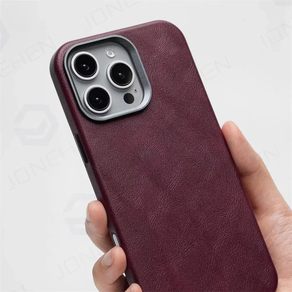 Color: Beige, Material: Denim - High-end Retro Oil Wax Pattern Magnetic For Magsafe Leather Case For iPhone Air 15 14 Plus 13 16 17 Pro Max Camera Button Cover