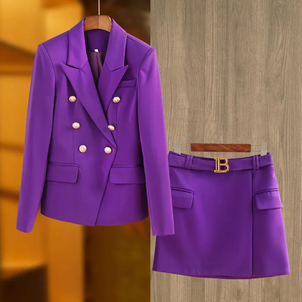 Color: PURPLE, Size: M, Ships From: CN - New Arrival Elegant Style Lady Office Work Suit Double-breasted Long Sleeve Fitted Blazer A-line Pencil Mini Skirt Women 2Pcs