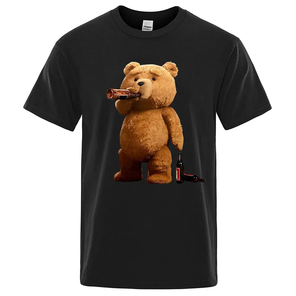 Color: GRAY, Size: S - Lovely Ted Bear Drink Beer Poster Funny Printed T-Shirt Men Fashion Casual Short Sleeves Loose Oversize Tee Street Hip Hop Tops