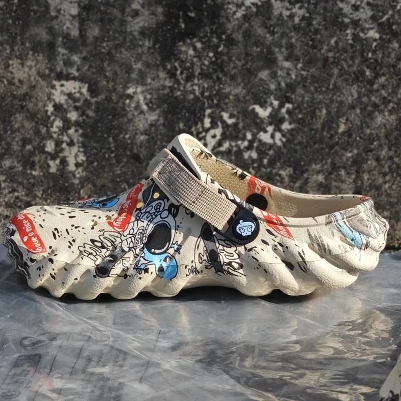 Color: Silver, Shoe Size: 45 - Men Summer Slippers Thick Sole Mens Clogs Sandals Hollow Breathable Flip Flops Sandals Shoes Fashion Beach Slippers