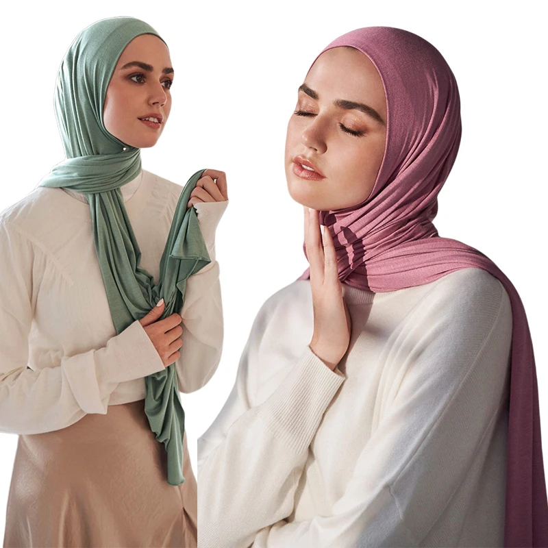 Color: PURPLE - Modal Cotton Jersey Hijab Scarf Long Muslim Shawl Plain Soft Turban Tie Head Wraps For Women Africa Headband 170x60cm