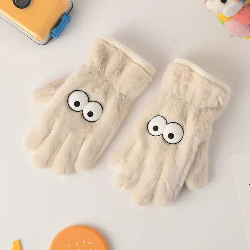 Color: black - 5-12 Years Winter Children Girl Gloves Knitted Warm Soft Cartoon Rabbit Full Finger Gloves Kids Outdoor Lovely Girl Mittens