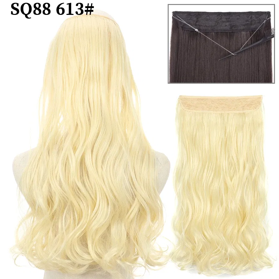 Color: T1B/27, Stretched Length: 22inches, Ships From: CHINA - Synthetic Natural Wavy No Clip Fish Line Invisible Hair Extensions Mixed Color Blonde Black Artificial False Hair Piece ForWomen