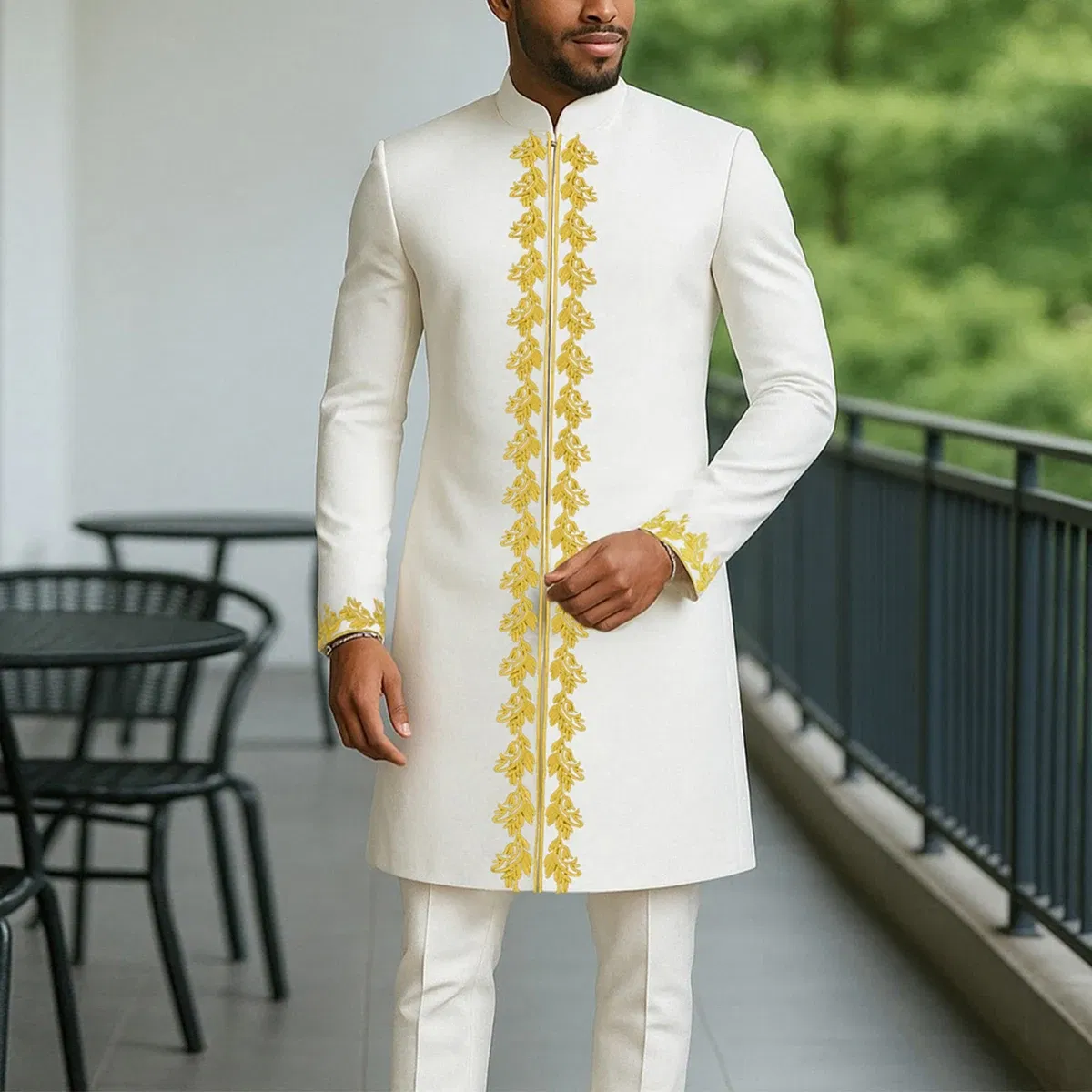 Color: Brown, Size: L - 2025 New men's suit, white pocket, 2-piece set, luxury wedding casual suit, traditional African style of ethnic minorities
