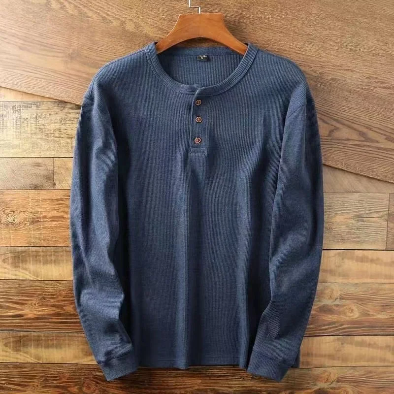 Color: GRAY, Size: M, Ships From: CHINA - Slim Fit Mens Basic Tee Casual Tshirts Henley Waffle Long Sleeve Shirts Thermal Solid Half Button Breathable 100% Cotton Shirts
